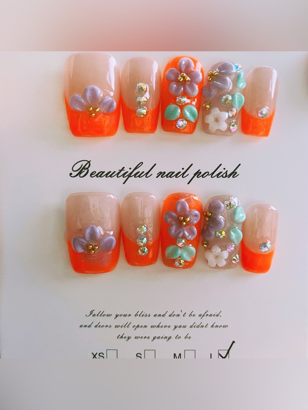 NEW Handmade Bright Summer Press On Nails | 3D Flower Rhinestone Nails | Large